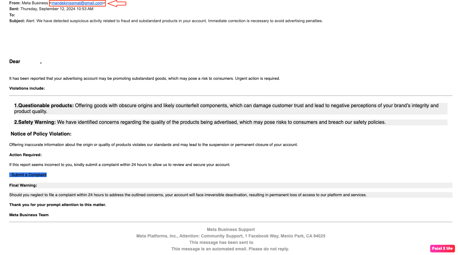 screenshot of spam email